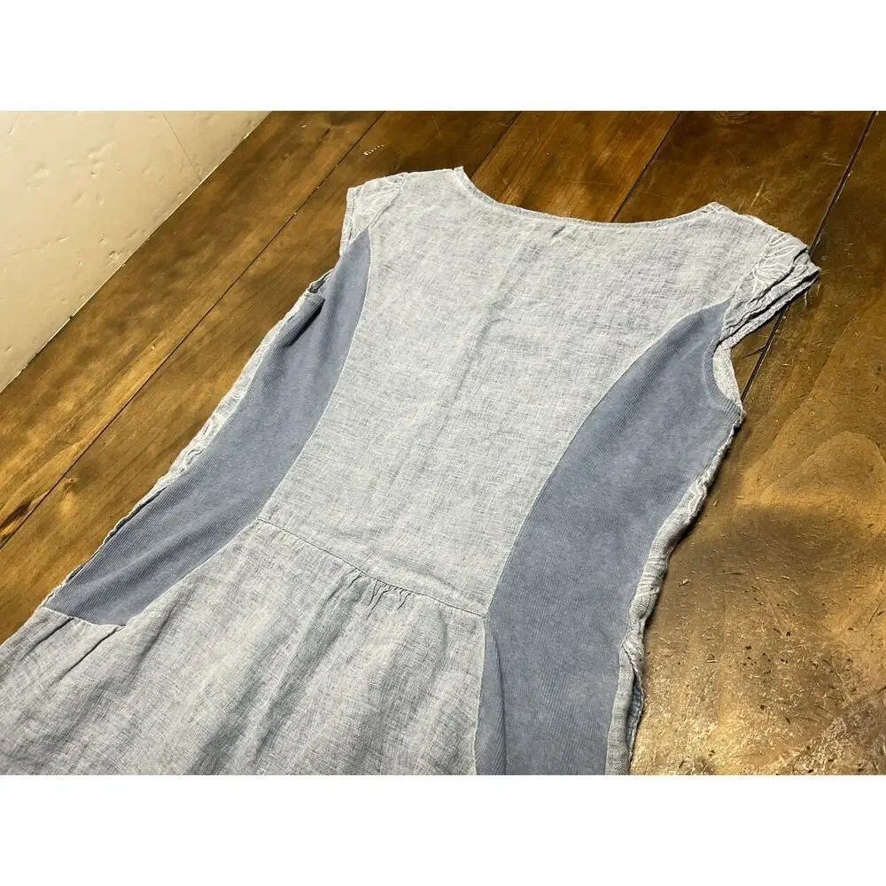 LINA TOMEI Chambray Blue Coastal Embroidered 100% Linen Dress Large Italy - Picture 11 of 11